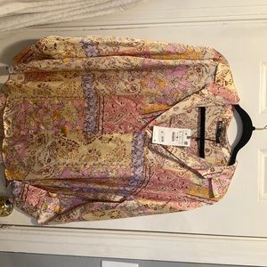 Long-sleeve satin paisley button-up shirt, original tags, never-been-worn